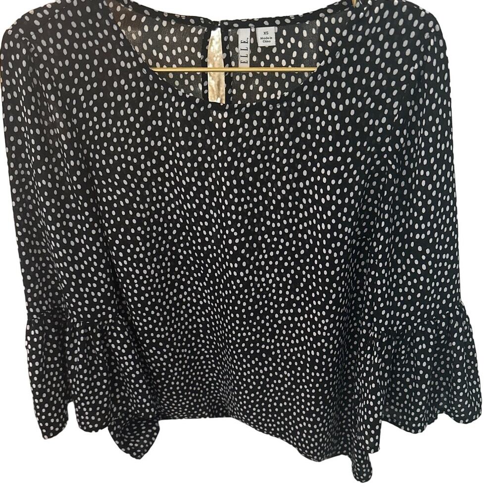 -ELLE Women's 3/4 Sleeve Flowy Top Blouse Shirt Black White Classic Polk Dots XS